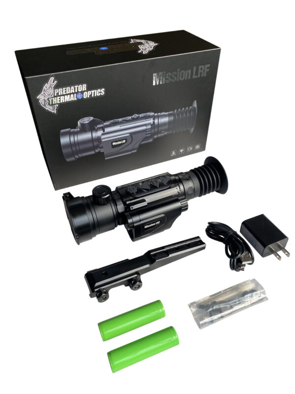 Predator Thermal Optics Mission LRF line of Thermal Imaging Scopes is a world-class thermal imaging riflescope that incorporates a compact, sleek, lightweight, aluminum design with a 1200-yard built-in laser rangefinder. Its exceptionally powerful 384×288 SUPERSENSITIVE resolution is capable of heat detection distances up to 2,750 yards and displays them on a sharp 1024×768 OLED display while offering the latest IMAGE BOOST patented technology. With up to 8 hours of battery life on a set of 18650 batteries, the Mission LRF Thermal Riflescope ensures hours of continuous use with the ability to quickly swap batteries at a cost-effective price. A highly precise, ambidextrous top-located focus ring allows for quick, precise focus adjustment ensuring the highest picture quality display. Picture/picture mode, ballistics calculator, and the 1200-yard laser range finder all complement with added confidence on long-distance shots. Technologically advanced, the Predator Thermal Optics Mission LRF features built-in photo and video recording with sound as well as Wi-Fi connectivity to upload data to the Predator Thermal Optics APP. Additionally, the Predator Thermal Optics Mission LRF can withstand greater than 12-gauge calibers and offers an industry-leading 10,000 Joules of recoil resistance protection. The Mission LRF boasts an IP66 waterproof rating for use in the most severe of weather conditions. When you need a powerful thermal riflescope with a classic design and built-in laser rangefinder, few scopes can match the exceptionalism of the Mission LRF. Featuring 8 reticle shapes in 5 color modes, Picture-in-picture mode, built-in LASER for game recovery, and 10 unique shooting profiles.