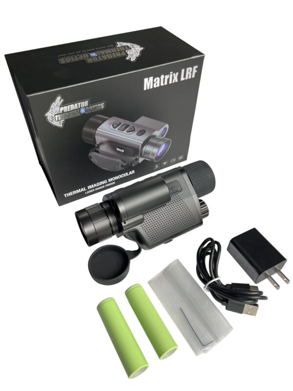 Predator Thermal Optics Matrix 15-384 LRF (Laser Range Finder) Thermal Monocular (1.5 - 12x Magnification and 1,250 Yards of Detection!) 1,200-yard Built-in Laser Range Finder! The Predator Thermal Optics Matrix 15-384 LRF Thermal Monocular sets a new standard for world-class thermal imaging devices. Engineered with a compact, sleek, and lightweight aluminum design, the Matrix is not only aesthetically pleasing but also built to endure the challenges of the most demanding environments. Its robust features ensure years of reliable use under harsh conditions, making it a reliable companion for professionals in various fields. Featuring an exceptional 384 x 288 SUPERSENSITIVE resolution, the Matrix excels in powerful heat detection, reaching distances of up to 2,000 yards. The vivid results are showcased on a sharp 1024×768 OLED display, further enhanced by the latest patented IMAGE BOOST technology, delivering unparalleled clarity and detail. Empowering your shooting experience, the integrated 1,200-yard laser range finder is a game-changer, instilling unwavering confidence for those precise and challenging long-distance shots. This advanced feature ensures you have the accurate distance information needed to take your shots to the next level. With a remarkable battery life of up to 5 hours on a set of 18650 batteries, the Matrix 35 guarantees extended usage, and its ability to quickly swap batteries at a cost-effective price ensures continuous operation. The monocular also boasts a highly precise, ambidextrous focus ring, allowing for quick and accurate adjustments to ensure the highest picture quality display. Loaded with cutting-edge technology, the Predator Thermal Optics Matrix includes built-in photo and video recording with sound. Its Wi-Fi connectivity facilitates seamless data uploading to the Predator Thermal Optics APP, adding a layer of convenience and versatility to its functionality. The Matrix is further equipped with an IP66 waterproof rating, ensuring reliable performance even in the most adverse weather conditions, making it a reliable tool for professionals in various fields. In the realm of thermal monoculars, the Matrix stands out among the competition with its exceptional features. Boasting 5x color pallet modes, Picture-in-Picture mode, contrast/brightness adjustments, Image Boost Technology, 5x OLED brightness adjustments, 5x Target brightness adjustments, 5x contrast ratio adjustments, and 5x Image Detail Boost adjustments, it offers unparalleled versatility and sets a new benchmark in thermal imaging technology. Enjoy the confidence of an industry-leading 5-year warranty, providing exceptional coverage for your product. For added convenience and quality service, rest easy knowing that warranty claims and servicing are handled by Predator Thermal Optics in the USA, ensuring the reliability and support you can count on. Matrix 35-384 LRF Thermal Monocular Features: 384×288 PATENTED Super Sensitive Resolution 1024×768 AMOLED Display 1250 yards of heat detection 1200-yard built-in laser range finder 1.5 - 12x magnification 15mm objective lens Frame rate: 50 Hz Built-in photo and video recording with sound Wi-Fi connectivity and supported by Predator Thermal Optics App IP66 waterproof rating Picture-in-Picture mode 5x color pallets including White Hot, Black Hot, Red Hot, Fusion, and Sky mode 5x Image Boost Technology adjustments 5x OLED brightness adjustments 5x target brightness adjustments 5x contrast ratio adjustments Built-in RED LASER for game recovery Industry-leading 5-year warranty (Warrantied and serviced by Predator Thermal Optics)
